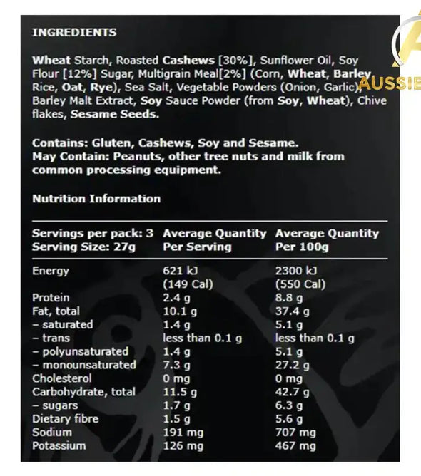 Ingredients of 5 x Piranha Cashew Multigrain & Soy Snack Mix 80g - Aussibazaar