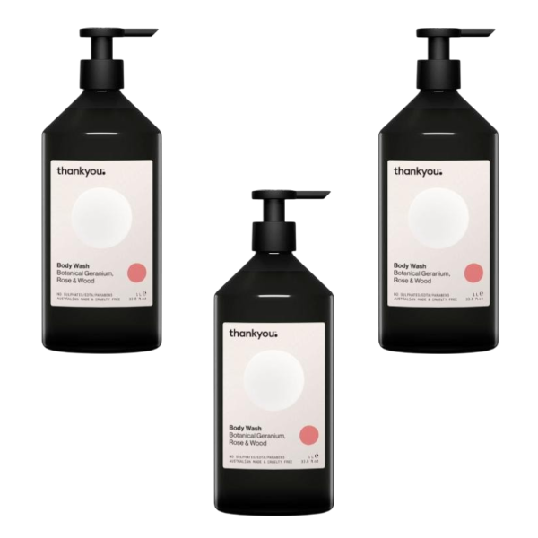 3 x Thankyou Body Wash Botanical Geranium Rose & Wood | 1L