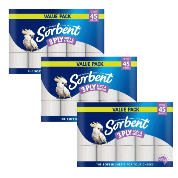 3 X Sorbent 3 Ply Soft & Strong Silky White Toilet Paper | 45 Pack