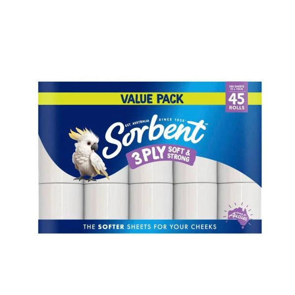 3 X Sorbent 3 Ply Soft & Strong Silky White Toilet Paper | 45 Pack