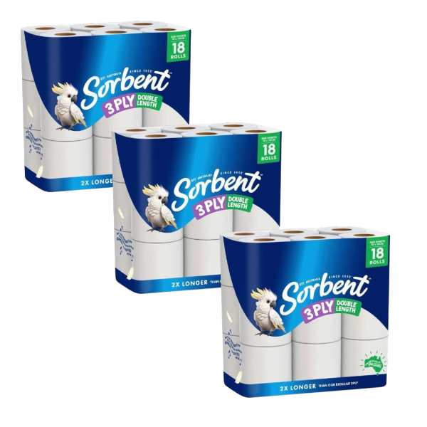3 X Bulk Sorbent 3-ply Double Length White Toilet Paper | 18 Pack