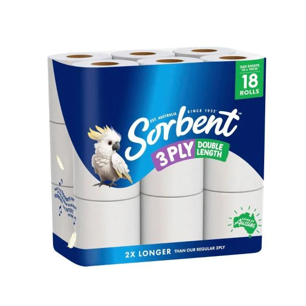 3 X Bulk Sorbent 3-ply Double Length White Toilet Paper | 18 Pack