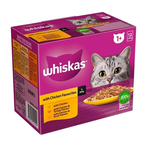 Whiskas Adult 1 + Years Wet Cat Food Chicken Favourites in Jelly 12x85g Pouches | 12 pack